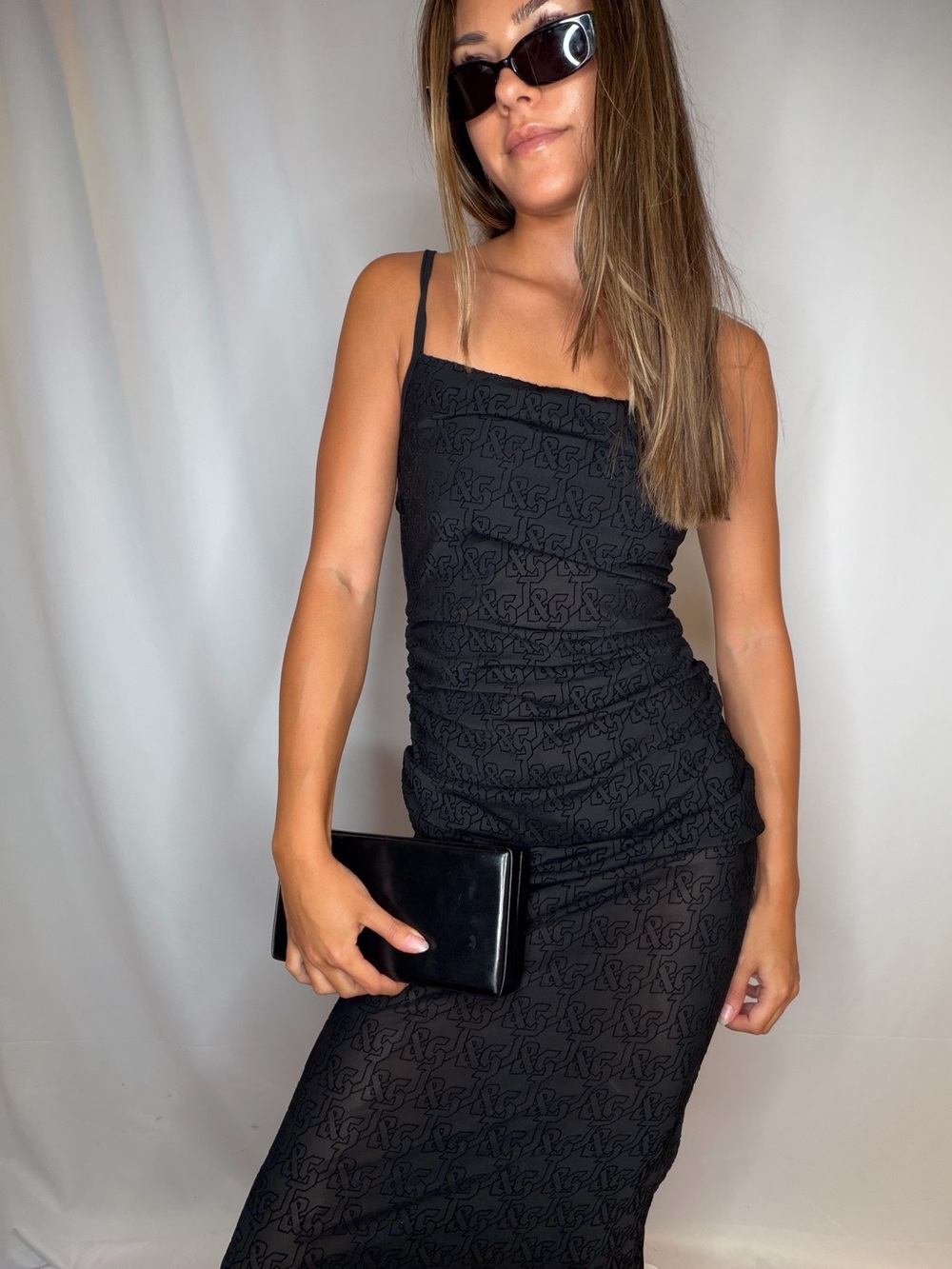 JGR & STN Black Patterned Maxi Slip Dress with Thin Straps